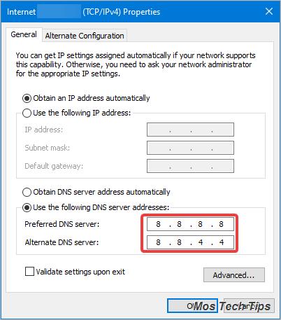 a screenshot showing how to change dns server address