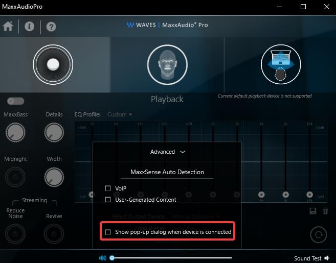 a screenshot shows how to uncheck pop-up dialog in MaxxAudio Pro