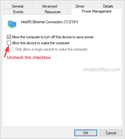 uncheck the allow this device to wake the computer checkbox