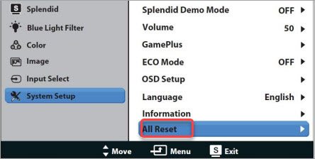 a screenshot showing how to perform a factory reset on the ASUS monitor