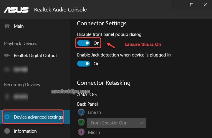 enable disable front panel popup dialog