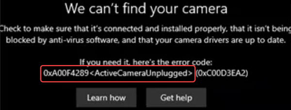 0xa00f4289 active camera unplugged