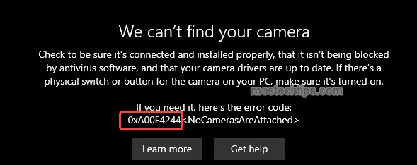 fix camera error code 0xA00F4244 in windows 10
