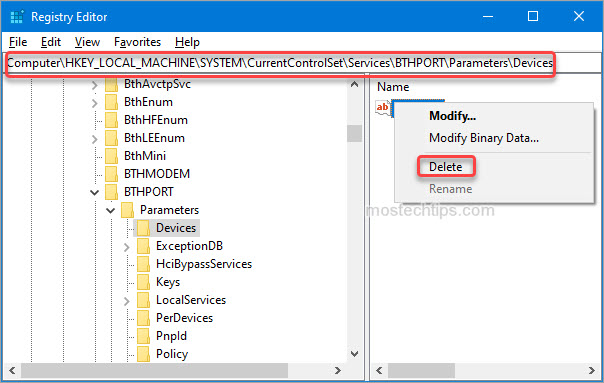 delete bluetooth device from registry editor