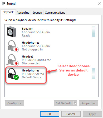 select headphones as default device