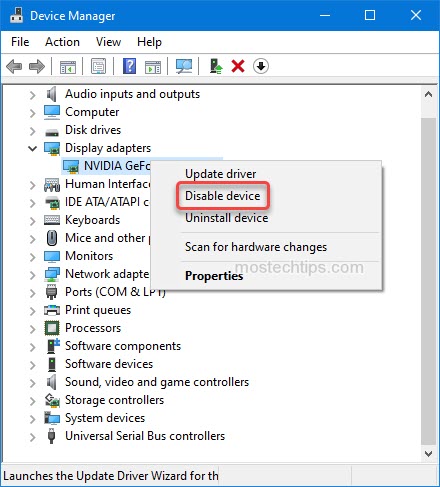 a screenshot shows how to disable graphics card