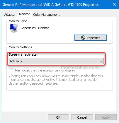 a screenshot shows how to changing the screen refresh rate for second monitor
