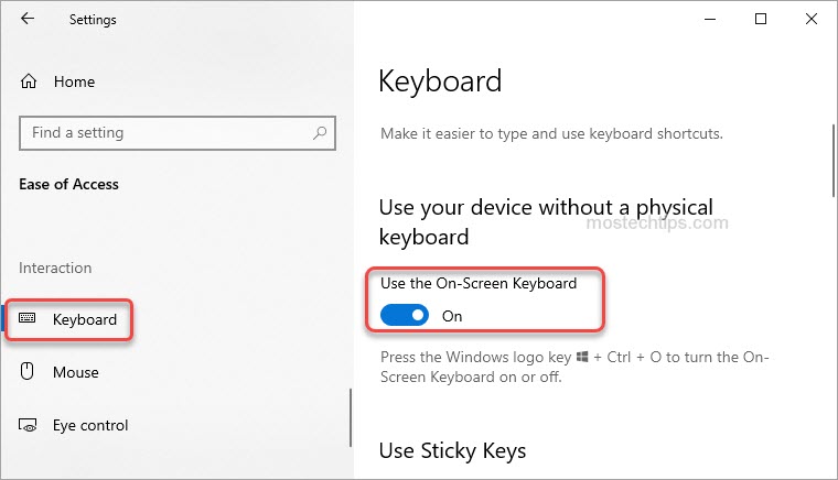 shows how to turn on the on-screen keyboard