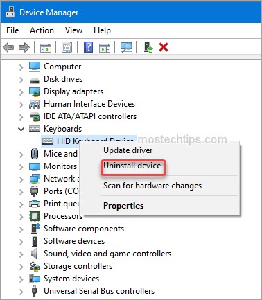 a screenshot shows how to uninstall keyboard device driver