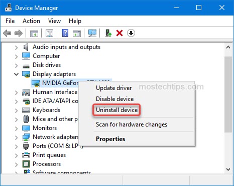 a screenshot showing how to uninstall graphics card driver