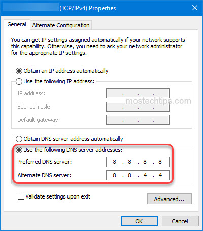 how to change the dns server address