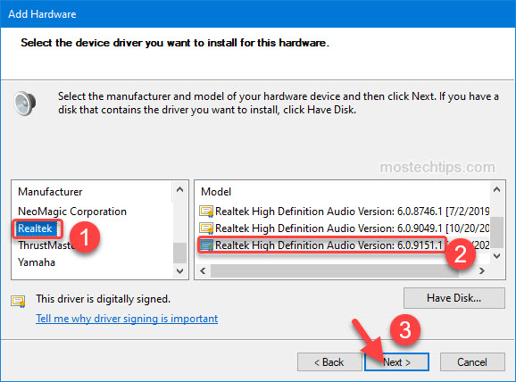 select the latest version of realtek audio driver