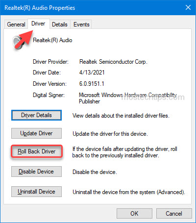 show how to roll back realtek audio driver