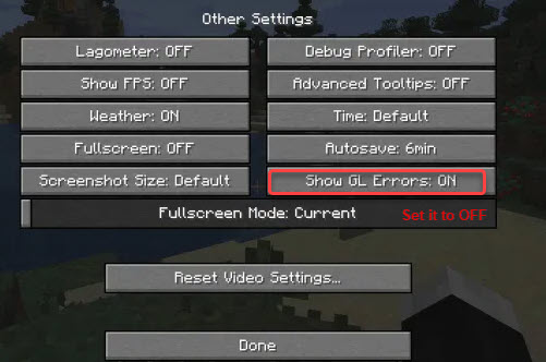 turn off show gl errors option in minecraft