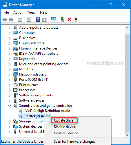 a screenshot shows how to update the realtek audio driver in device manager