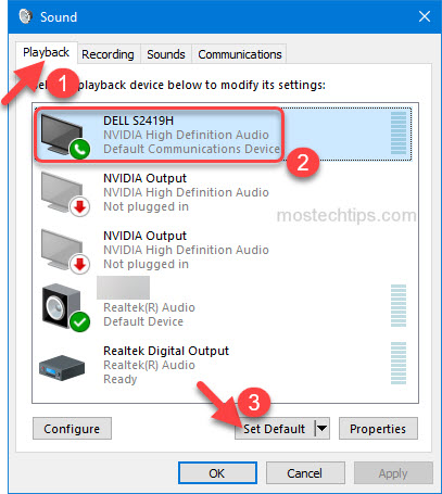 a screenshot showing how to set monitor as default device
