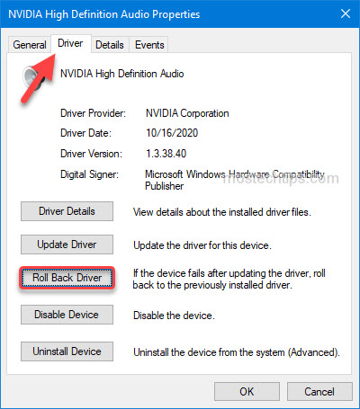 roll back the nvidia high definition audio driver