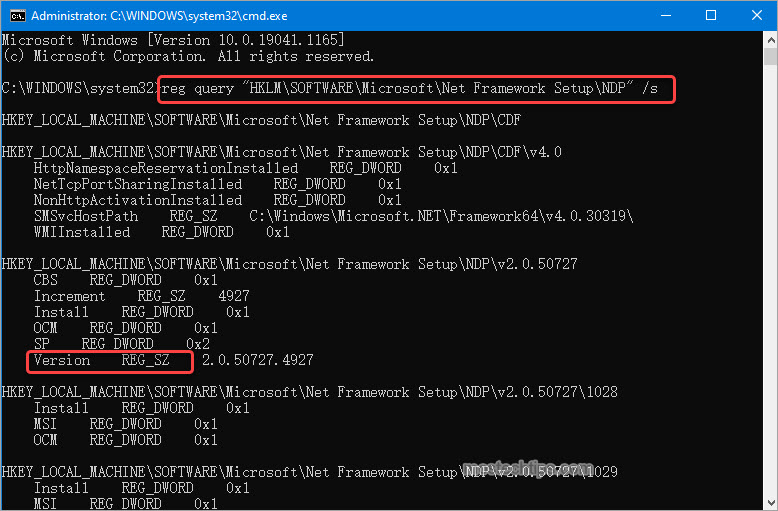 how to use command prompt to check .net framework version