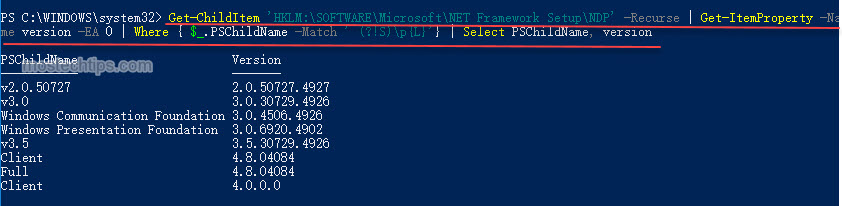 how to use powershell to check .net framework version