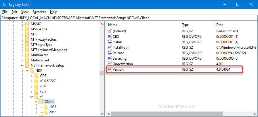 how to use registry editor to check .net framework version