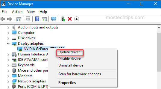 update the nvidia display driver in device manager