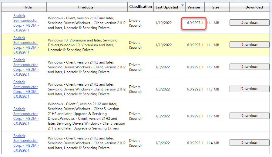 latest Realtek audio driver from Microsoft update catalog