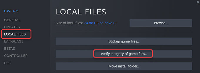 the location of verify integrity of game files in Lost Ark