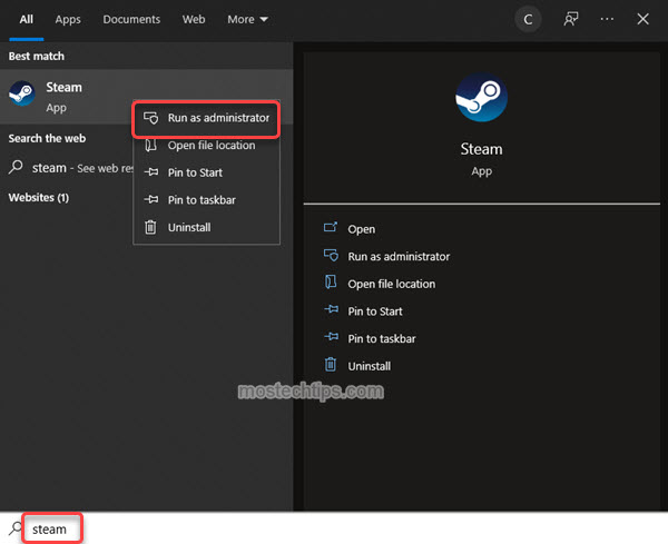 a screenshot showing how to run steam as administrator