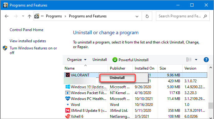 uninstall valorant from control panel