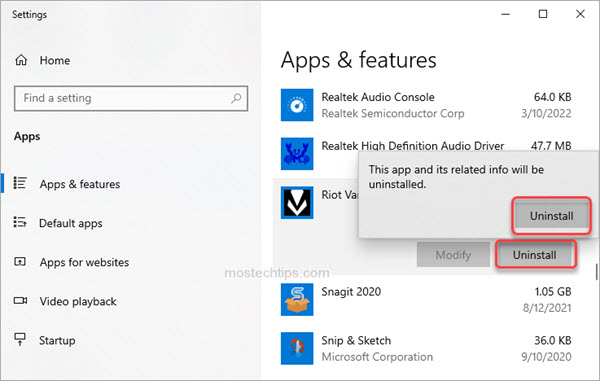 uninstall vanguard from apps and features