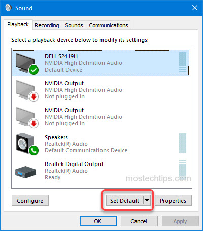 set the audio device as default