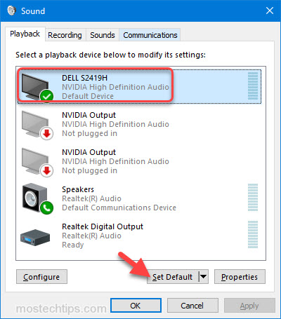set dell monitor as the default device