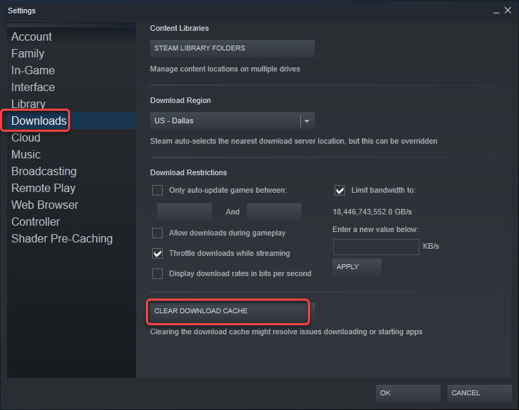 a screenshot showing how to clear download cache in steam