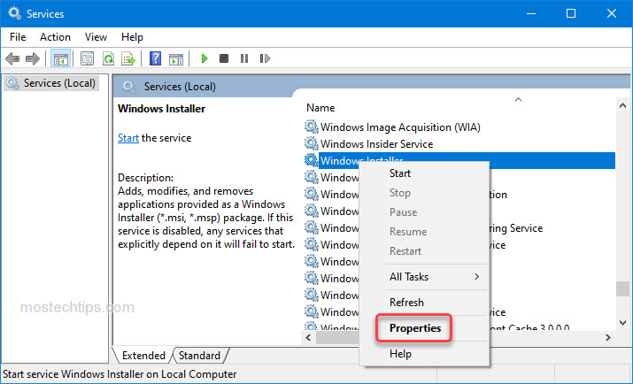 open Windows Installer service properties window