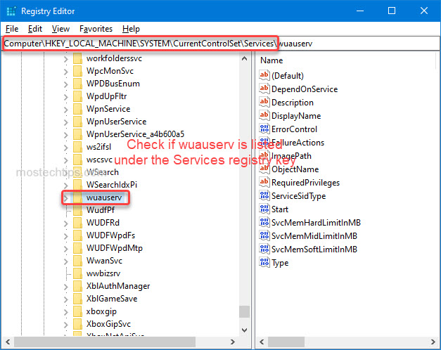 check if windows update service registry key is listed under the Services registry key
