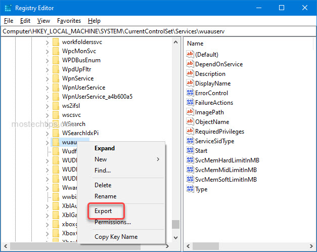 export the windows update service registry key