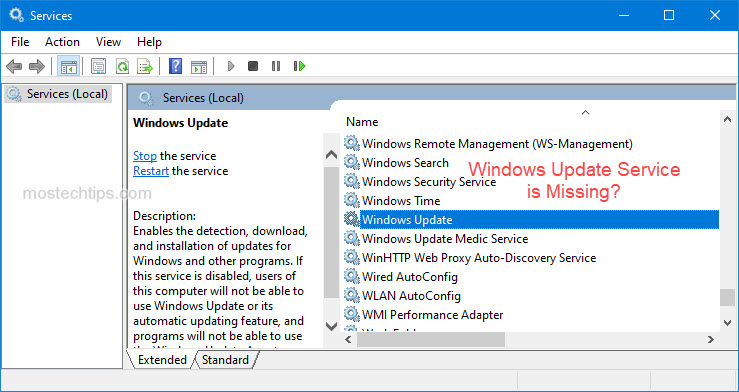 how to fix windows update service is missing