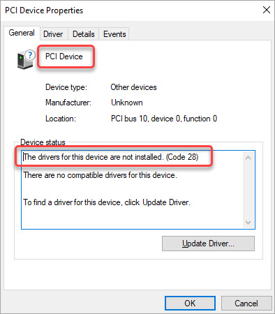 how to fix pci device code 28 error