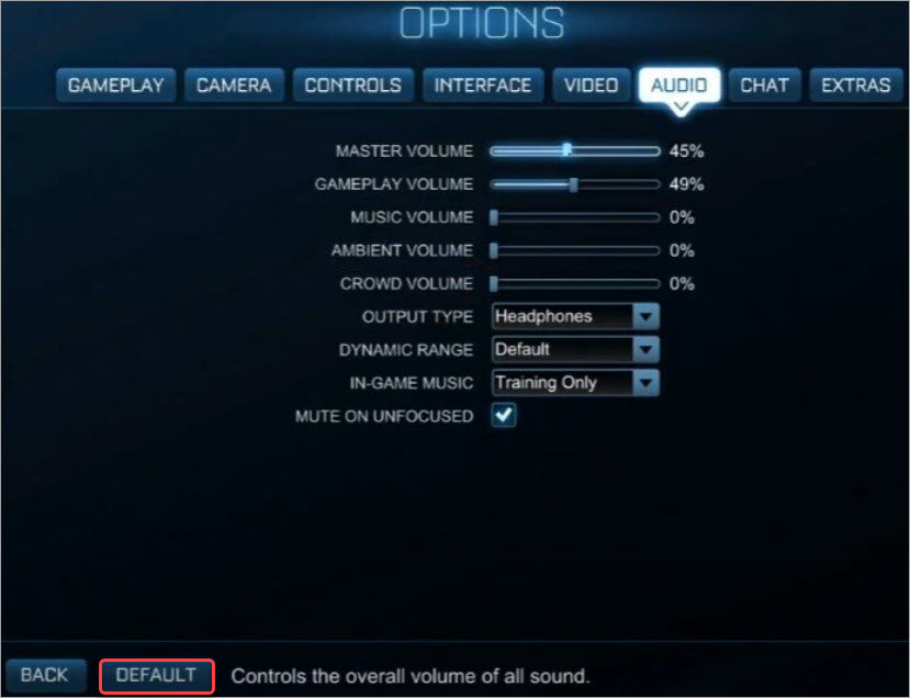 adjust rocket league in-game audio output settings to default