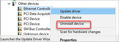 uninstall ethernet controller from device manager