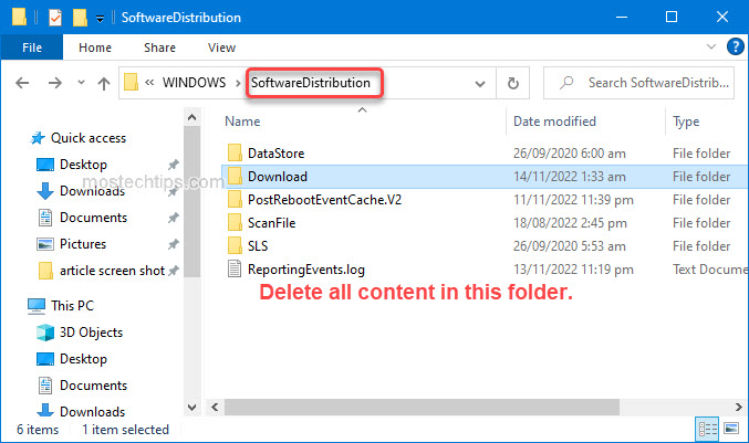 delete the content of the SoftwareDistribution folder