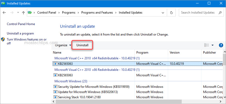 uninstall a windows update
