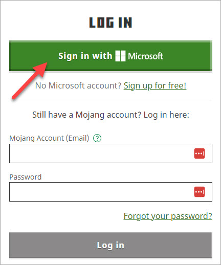 log in to minecraft website with microsoft account