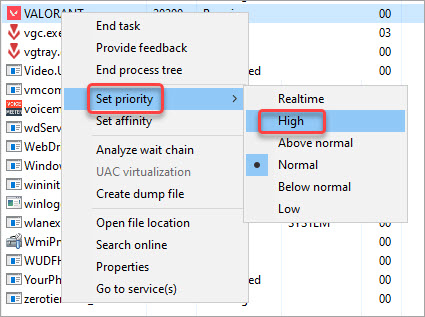 set valorant high priority in task manager