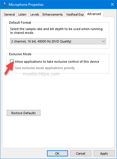 disable exclusive mode in windows