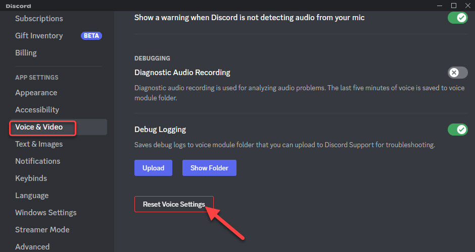 reset voice settings on discord