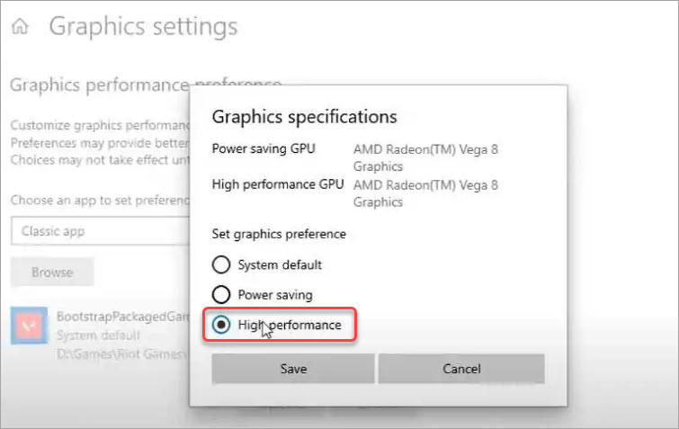 Configure graphics performance preferences for Valorant