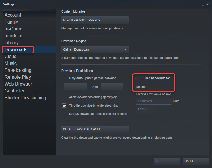 make sure bandwidth on steam is not restricted