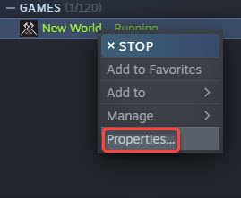 select game properties in steam