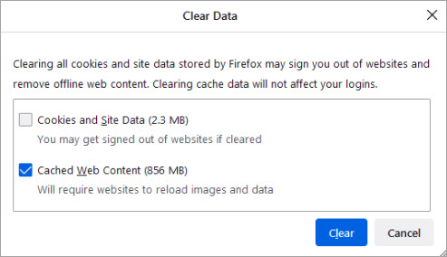 clear firefox cookies and cache